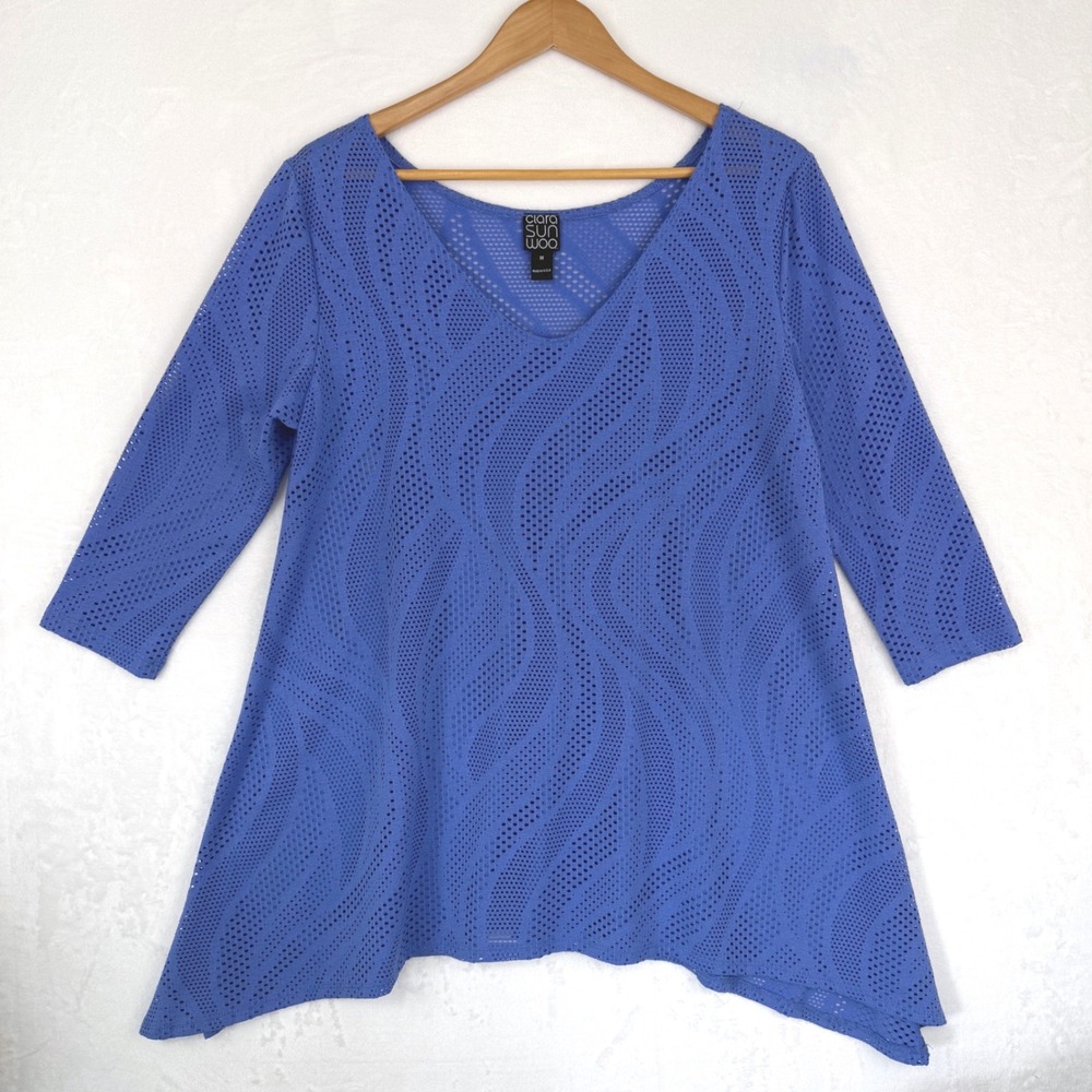 Clara Sunwoo Womens Blue‎ Laser Cut Perforated V-Neck 3/4 Sleeve Tunic Top M